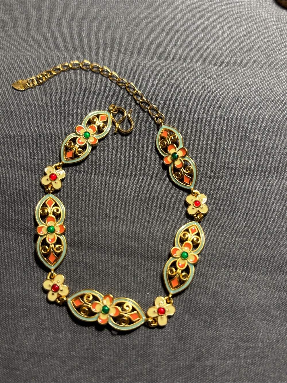 Gold Tone Floral Enamel Bracelet w/Green and Coral Accents| adjusts 6”-8”